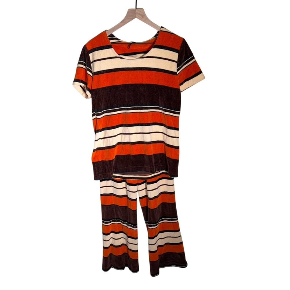 VINTAGE MONTGOMERY WARD 70s mod velour striped set with flare bottoms 14